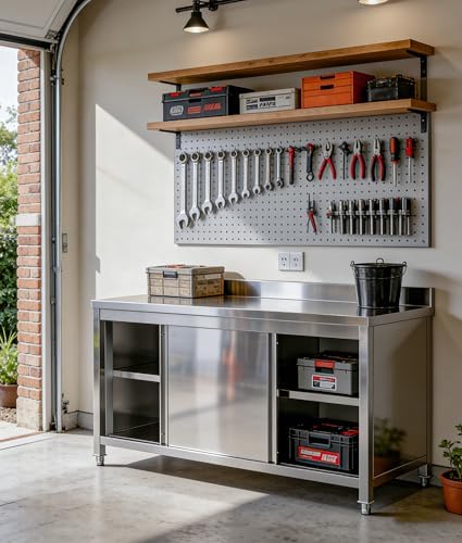 59" Stainless Steel Kitchen Worktable with Cabinet, 800 LBS Heavy Duty Commercial Prep Table with Sliding Doors & Adjustable Feet, Backsplash, for Restaurant, Home, Garage, Outdoor BBQ - Image 3