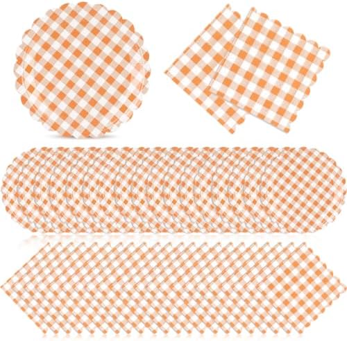 Roshtia 120 Pcs Orange Gingham Plates and Napkins Set for Fall Baby Shower by Roshtia