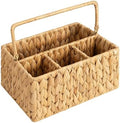 Wicker Storage Basket with 4 Compartments, 14.2 x 7.9 x 5.5 in Divided Organizer for Picnic, Kitchen Cutlery, Utensil and Condiment Bottles, Handled Woven Bin for Tabletop and Outdoor Use by Chewtoyo