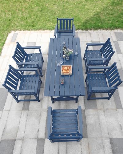 7 Pieces HDPE Outdoor Dining Set, Patio Dining Set with Umbrella Hole, All Weather Outdoor Dining Table Sets for 6, HDPE Patio Furniture Sets for Deck, Backyard, Lawn, and Poolside, Navy - Image 4