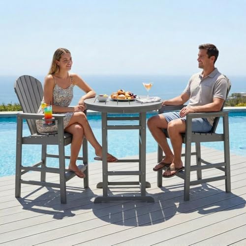 3-Piece Gray HDPE Indoor/Outdoor Bar Height Bistro Set, 31.1" Round Pub Table with 2 Bar Stools, All-Weather Patio Furniture for Balcony, Deck, Poolside & Coastal Use by SCANORDIC
