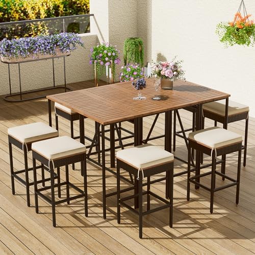 GO 10-Piece Outdoor Acacia Wood Bar Height Table And Eight Stools With Cushions, Garden PE Rattan Wicker Dining Table, Foldable Tabletop, High-Dining Bistro Set, All-Weather Patio Furniture, Brown - Image 2