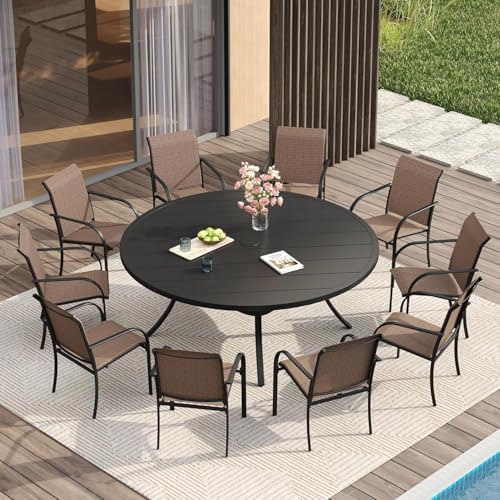VICLLAX Large Patio Dining Furniture Set, Outdoor Dining Set for 10-60" Round Outdoor Table and Patio Stackable Chairs, Black Tabletop and Brown Fabric by HOME