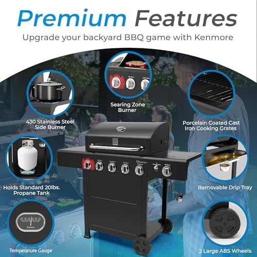 Kenmore 4-Burner Gas Grill with Side Burner, Outdoor BBQ Grill, Propane Gas Grill, Cast Iron Cooking Grates, Electronic Ignition, Warming Rack, Open Cart Design, 53000 BTUs, Black - Image 5