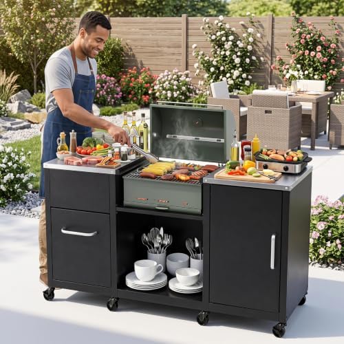 HAPPYGRILL 59” Outdoor Grill Table w/2 Removable Shelves & Storage Cabinets - Image 2