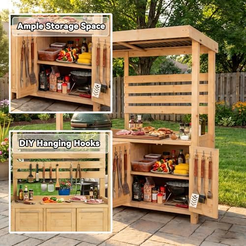 ECACAD Outdoor Kitchen Island with Canopy & Trash Can Cabinet, 6.7FT Cedar Wood Grill Bar Counter Table with Storage Cabinet & Shelves, Grill Pavilion for Patio Kitchen, Backyard, Garden, Natural - Image 4