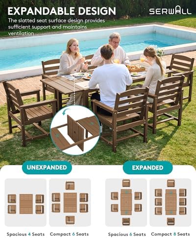 SERWALL 60" - 83" Expandable Outdoor Dining Table and 6 HDPE Chairs, Brown - Image 4
