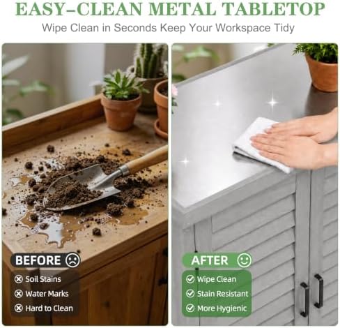 Outdoor Storage Cabinet with Metal Tabletop, Cedar Wood Garden Workstation - Image 4