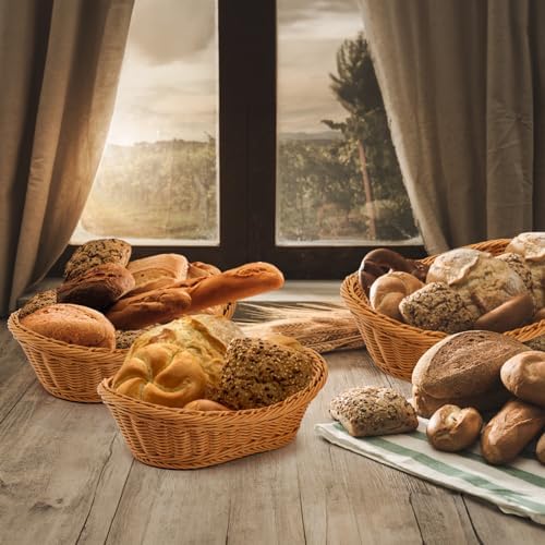 Yarlung 3 Pack Small Woven Breads Baskets, Oval Fruit Baskets Stackable Plastic Wicker Basket for Serving Vegetables, Kitchen, Restaurant, Outdoor, Imitation Rattan Brown, 3 Sizes - Image 7