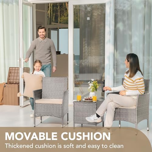 Devoko 3 Piece Patio Furniture Set Outdoor Wicker Conversation (Pale Grey) - Image 3