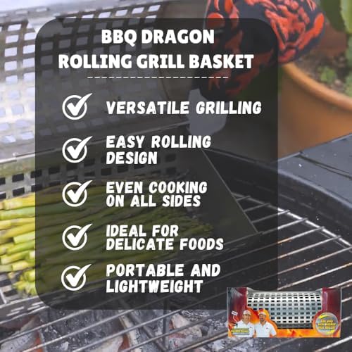BBQ Dragon Rolling Grill Basket – Large Stainless Steel with Snap-Close Lid, Dishwasher Safe for Vegetables, Fish, and Meat - Image 3