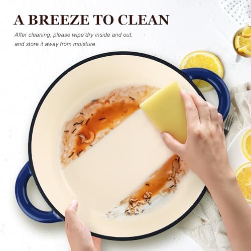 Overmont Enameled Cast Iron Dutch Oven - 7QT Pot with Lid Cookbook & Cotton Potholders - Heavy-Duty Cookware for Braising, Stews, Roasting, Bread Baking IndigoBlue - Image 4