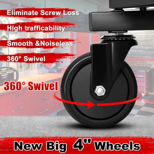 Rolling Stool with Wheels, Adjustable Height Pneumatic Garage Work Mechanic Stool Seat with Backrest, 400 LBS Capacity 360° Swivel Mechanic Crepper Chair with Tool Tray Storage, Red - Image 6