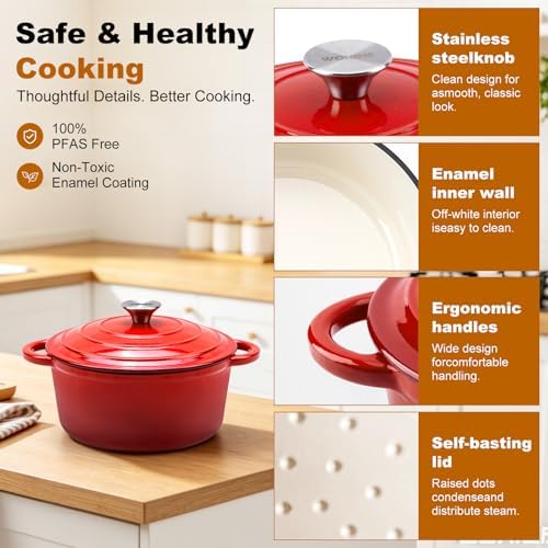 Enameled Cast Iron Round Dutch Oven -7QT Pot With Lid,Red - Image 6