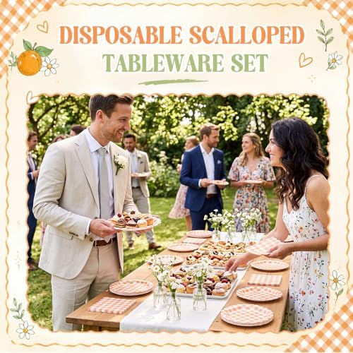 Roshtia 120 Pcs Orange Gingham Plates and Napkins Set for Fall Baby Shower - Image 4