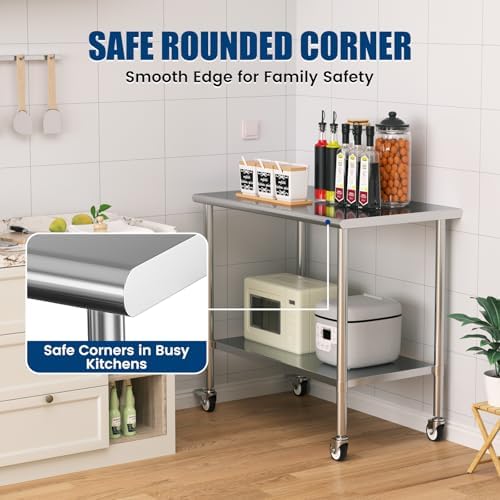 Stainless Steel Work Table with Wheels, 24x48 Inch NSF Kitchen Prep Table with Adjustable Undershelf for Commercial Restaurant, Garage, Outdoor BBQ - Image 5