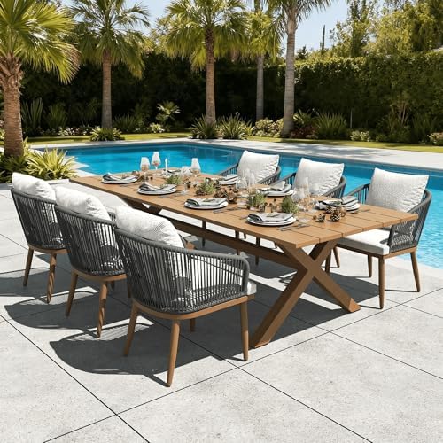 LayinSun 7 Pieces Outdoor Patio Dining Set, Aluminium Rectangular Dining Table and Wicker Rattan Chairs Set for Outside Backyard, Poolside by LayinSun