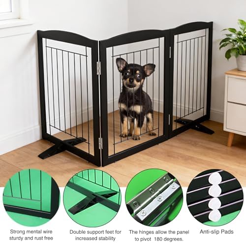 ZJSF Freestanding Dog Fence Indoor, Foldable Dog Gate for Doorways, Stairs or Hallways, Sturdy Wood Extra Wide Pet Gate with Support Feet for The House, Black, 32 "Height-3 Panels - Image 5