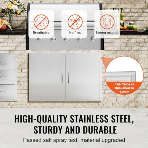 VEVOR BBQ Access Door, 39W x 26H Inch Double Outdoor Kitchen, Stainless Steel Flush Mount, Wall Vertical with Handles and Hooks, for BBQ Island, Grilling Station, Outside Cabinet - Image 3