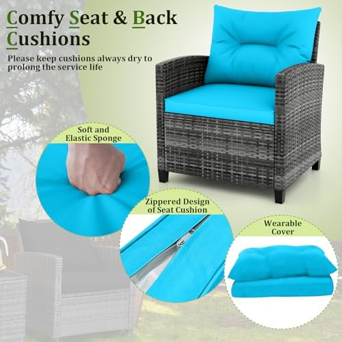 RELAX4LIFE 3 Piece Patio Furniture Set, Wicker Bistro Conversation Set w/2 Cushioned Armchairs & Glass Topped Table, Outdoor Rattan Sofa Set Patio Furniture for Porch Balcony Poolside (Grey-Turquoise) - Image 3