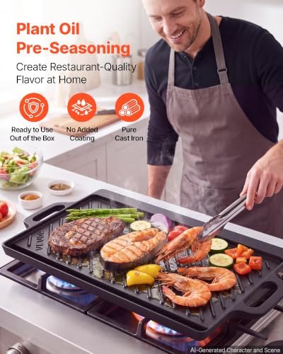 VEVOR Reversible Grill/Griddle 20x9 in Pre-Seasoned Cast Iron Pan Handle - Image 3