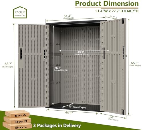 ZZM 57 Cu.ft Outdoor Storage Shed with Floor HDPE Double-Wall Resin Sheds Outdoor Storage, Lockable Weatherproof Storage Cabinet Fit for Garden Tools, Garage can, Bike, Patio Furniture, Brown - Image 3
