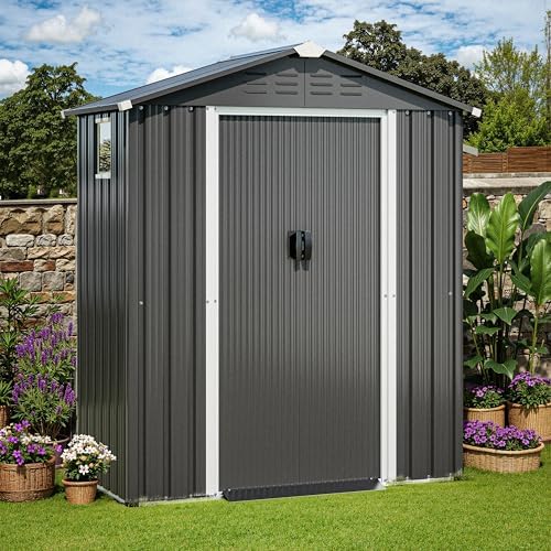 JY QAQA 5x3 FT Metal Outdoor Garden Storage Shed,Waterproof Metal Garden Sheds with Window and Lockable Double Door,Weather Resistant Steel Tool Storage House Shed forPatio,Lawn (Gray) - Image 6