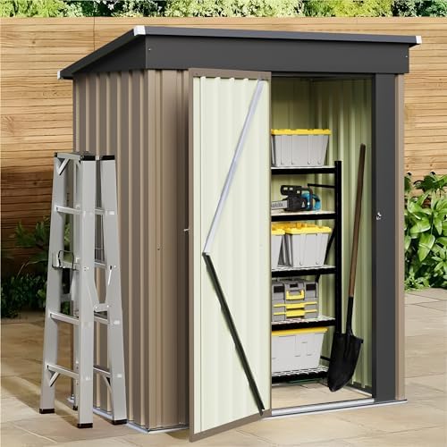 JUMMICO Metal Outdoor Storage Shed 5 x 3 FT Metal Shed with Lockable Door,Waterproof Garden Tool Shed Storage House for Backyard Patio Lawn, Brown by JUMMICO