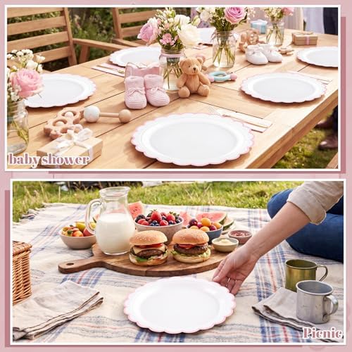 NatNarr 30 Pk Pink Paper Plates 9" Scalloped Pink White Party Plates - Image 5