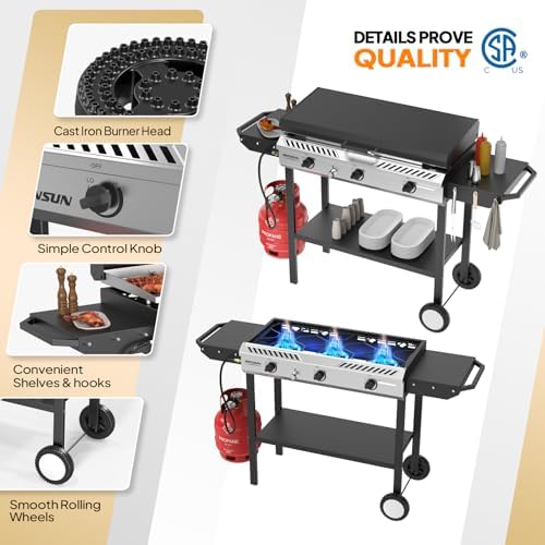 ROVSUN 2-in-1 Propane Stove & 33'' Griddle Combo with Ignition, 3 Burner 225,000 BTU Gas Stove & Grill with Side Shelves, Rolling Wheel & Regulator for Home Outdoor Backyard Camping Cooking Grilling - Image 2