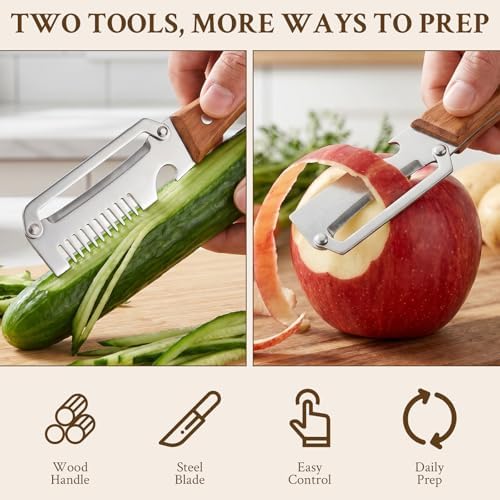 2026 Upgrade Vegetable Peeler and Julienne Peeler Set, Stainless Steel Vegetable Peelers for Kitchen with Wood Handles and Bottle Opener, 2-Pcs Multifunctional Vegetable Peeler Set - Image 2