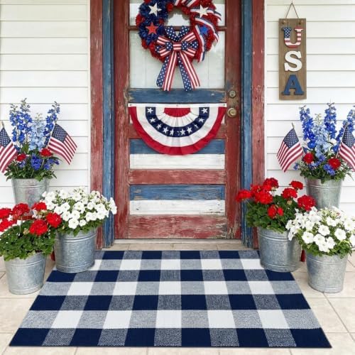 MUBIN Cotton Buffalo Plaid Rug, 27.5x43 Navy Blue White Outdoor Rug Front Door Decorative Mat, Washable Doormat Foldable Area Rug Layered Door Mats Rug for Front Porch, Entryway, Patio - Image 3