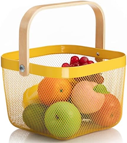 Mesh Steel Storage Organizer Basket Fruit Basket Bin with Wood Handle Ideal for Kitchen Bathroom Picnic Baskets Pantry Cabinets Storage Home Decor (Lemon Yellow) - Image 2