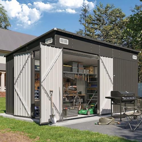 8'x12' Outdoor Lean to Storage Shed with Triple Doors Utility Galvanized Steel Sheds for Vertical Storage, Dual Lock Metal Shed with Sloped Roof for Mower,Bike,Garden Tools (Black) by Breezestival