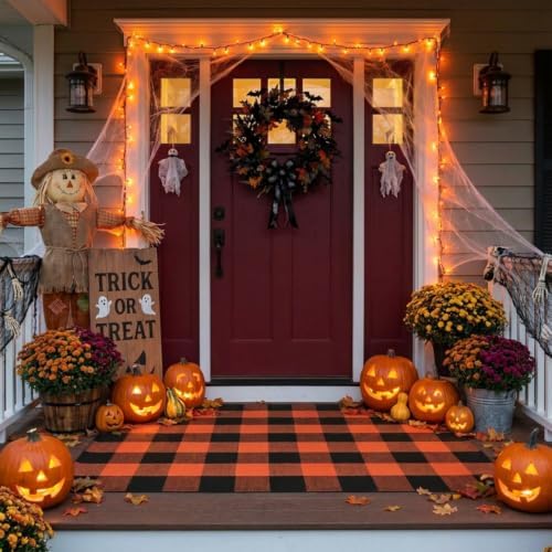 MUBIN Fall Decor Cotton Buffalo Plaid Rug, 3' x 5' Orange Black Outdoor Rug Front Door Decorative Mat, Washable Halloween Doormat Foldable Area Rug Layered Door Mats Rug for Front Porch, Entryway - Image 3