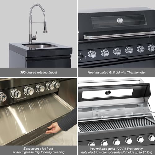 Outdoor Kitchen Island, 82 Inch 6 Burner Propane Gas Grill Combination With Refrigerator and Sink, Outdoor Stainless Steel Barbecue Bar, 85000 BTU Propane Grill for Patios, Gardens, Parties - Image 5