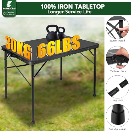 E EASTSTORM 35 inch Folding Table for 4 Person, Heavy-Duty Metal Tabletop, 2 Adjustable Height Camping Table, Portable Outdoor Table with Carrying Handle,for Patio, Picnic, Parties, BBQs, Black - Image 7