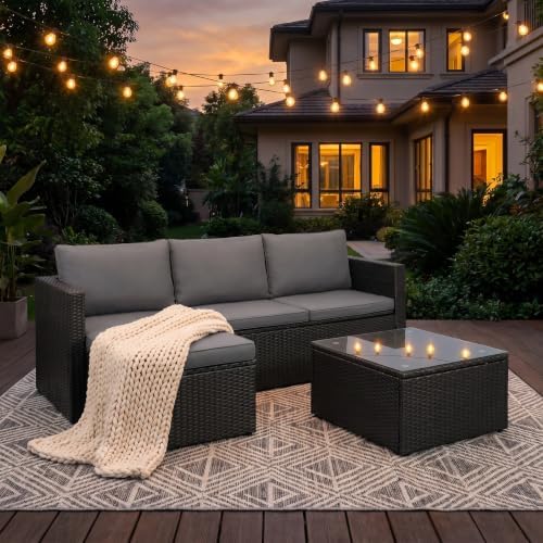 SUNLEI Patio Furniture Set with Detachable Soft Cushions, Outdoor PE Rattan Patio Conversation Sofa Set, 3-Piece Patio Sectional Sofa with Glass Coffee Table (Black Rattan&Charcoal) - Image 7