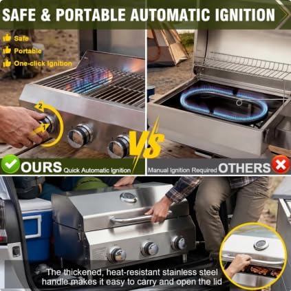 Bestfire 3-Burner Tabletop Gas Grill, 30,000 BTU Portable Propane Grill, Heavy-Duty Thickened Stainless Steel Grates & Knobs, Compact & Detachable Legs for Camping, RV&BBQ - Image 2