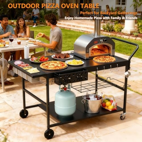 Pizza Oven Table with Topping Station, Outdoor Pizza Oven Cart, Grill Cart Table for Blackstone Griddle, Pizza Prep Station with Storage & Seasoning Tray, for Ninja, Cuisinart, Gozney - Image 2