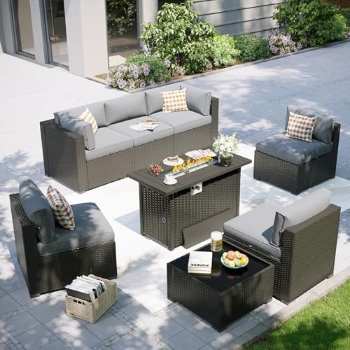 Aoxun Patio Furniture Set with Fire Pit Table, 8 Piece Outdoor Sectional Sofas, Wicker Rattan Outdoor Furniture with Thickened Cushion for Backyard, Garden Light Grey by Aoxun