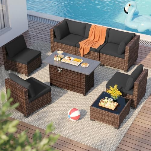 Qsun 8 Pieces Outdoor Patio Furniture Set with 44.9" Fire Pit Table, All-Weather Wicker Outdoor Patio Sectional Set with Coffee Table, for Backyard Poolside Garden Porch, Black - Image 3