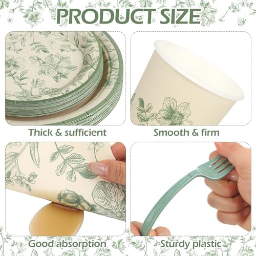 Kochorie 400 Pieces Sage Green Disposable Tableware Sets, Green and White Flower Party Supplies Set with Plates Cups Napkins Cutlery Serves 50 for Wedding Birthday Bridal Shower Party Decorations - Image 3
