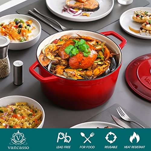vancasso 7.5 Qt Round Enameled Cast Iron Dutch Oven with Lid, Red - Image 3