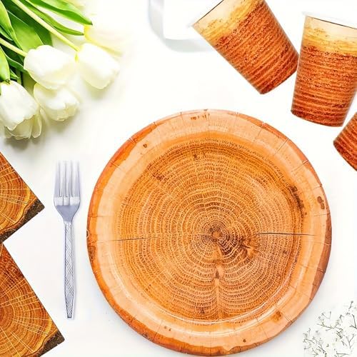 100Pcs Wood Grain Paper Plates Wood Grain Party Supplies 9"&7" Rustic Wood Slice Paper Plates for CampFire Camping Woodland Animal Baby Shower Lumberjack Cut Timber Birthday Party Decorations (100) - Image 4