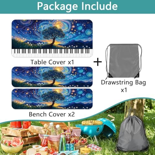 Piano Keyboard Picnic Table Cover with Bench Covers, Camping Essentials, Whirlpool Star Tree Flower Waterproof Windproof, Fitted Tablecloth Cover with Elastic Edge for Outdoor Garden 3 PCS 30x72 Inch - Image 7