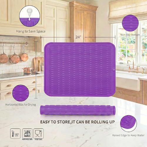 MicoYang Silicone Dish Drying Mat for Multiple Usage,Easy clean,Eco-friendly,Heat-resistant Silicone Mat for Kitchen Counter or Sink,Refrigerator or Drawer Liner Purple 2XL 24 inches x 18 inches - Image 2