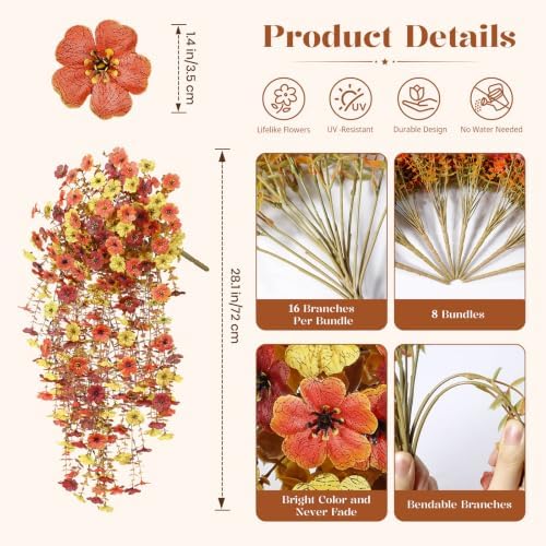 8Pcs Artificial Fall Flowers for Outdoor, Fake Mums UV Resistant Decoration - Image 2
