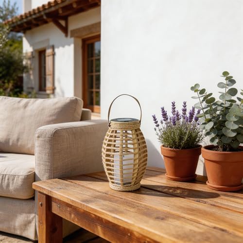 Solar Powered Rattan Lantern with Handle, 8.3 Inch, Warm White LED - Image 4