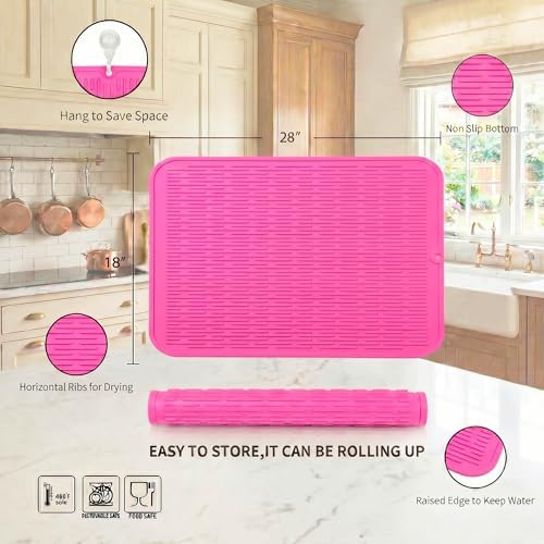 MicoYang Silicone Dish Drying Mat for Multiple Usage,Easy clean,Eco-friendly,Heat-resistant Silicone Mat for Kitchen Counter or Sink,Refrigerator or Drawer Liner Rose 3XL 28 inches x 18 inches - Image 2